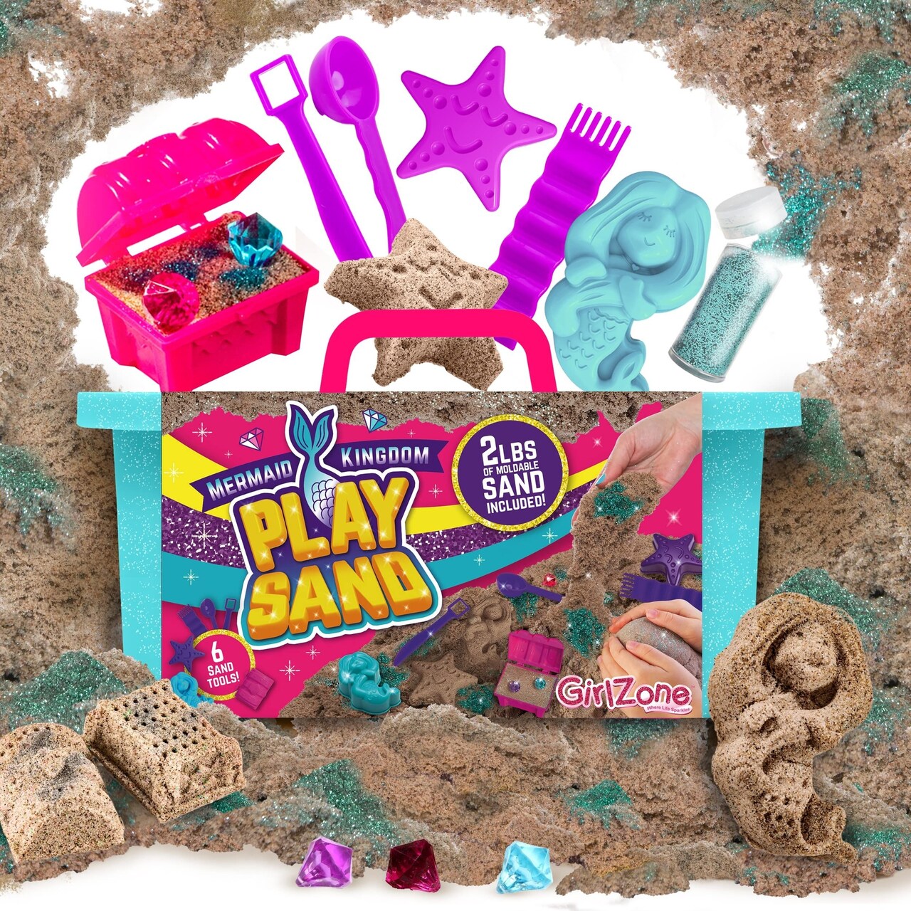 GirlZone Mermaid Sensory Sand Kit, 2lbs Moldable Play Sand for Kids Aged 3+, Magic Sand with Gems, Tools & Portable Treasure Chest, Kids Toys for Playdates, Party Games & Gifting